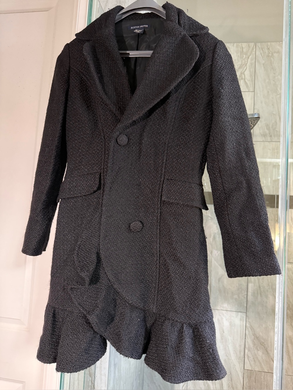 Boston Proper Black Textured Ruffle-Hem Trench Coat